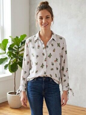 Como Black Women's White Collared Striped Polka Dot Plant 3/4 Sleeve Top Small🐈